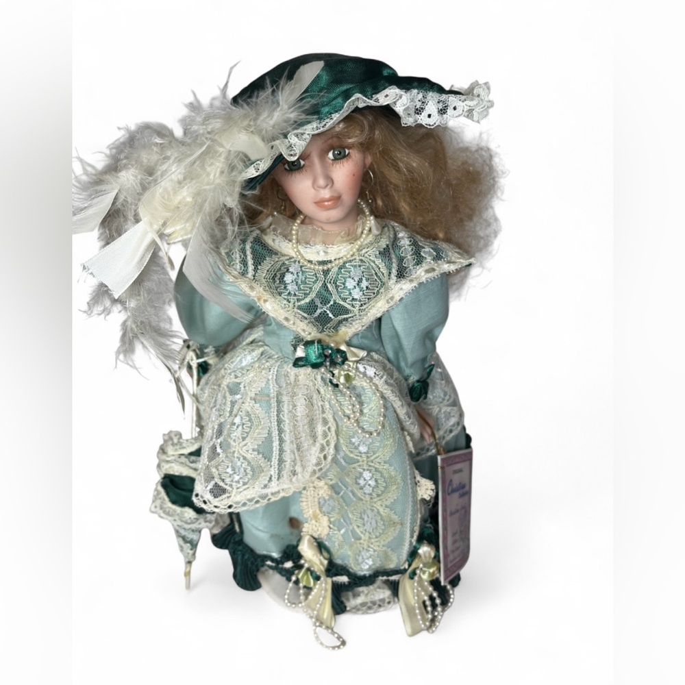 Vintage 2002 Christina Verdi Porcelain Doll - Green Satin & Lace Victorian - COA
